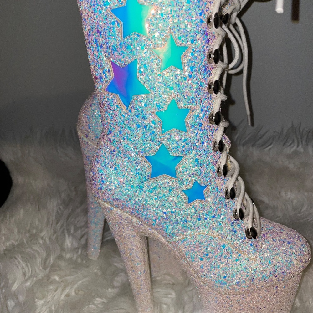 YRU MYA STAR WHITE GLITTER PLATFORM Stripper Dancewear BOOTS HEELS  XTRA Size 5 - Picture 14 of 16